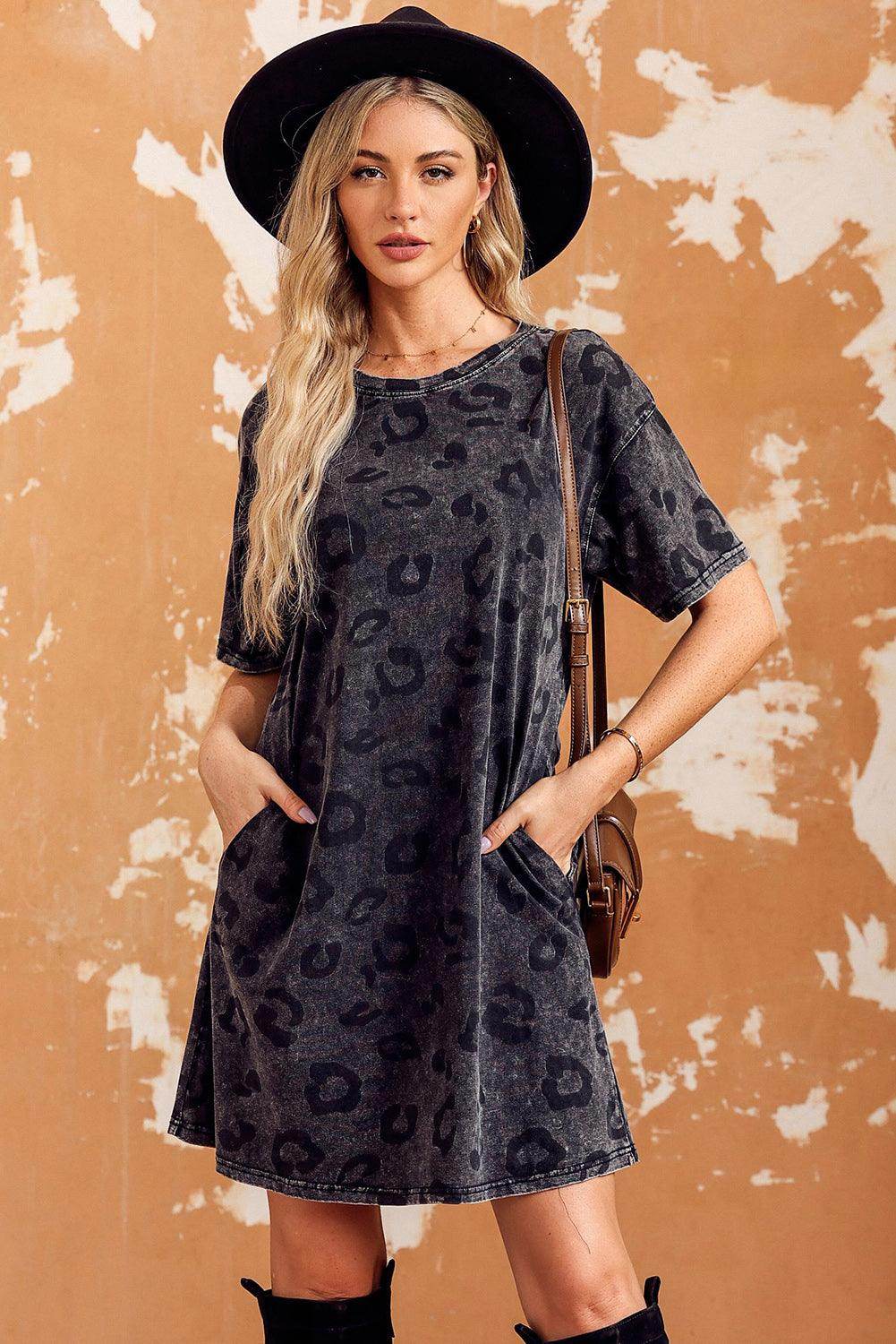 Leopard Round Neck Dropped Shoulder Dress with Pockets - Selvanelle