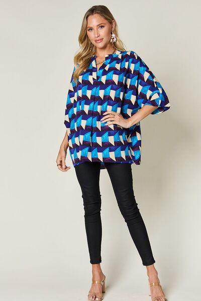 Double Take Full Size Geometric Notched Half Sleeve Blouse - Selvanelle