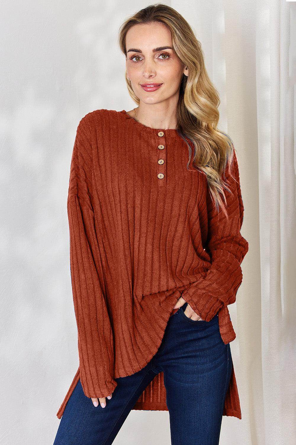 Basic Bae Full Size Ribbed Half Button Long Sleeve T-Shirt - Selvanelle