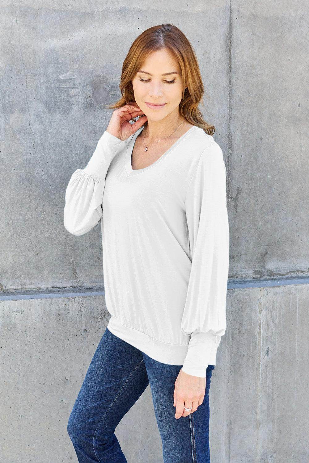 Basic Bae Full Size V-Neck Lantern Sleeve Top for Women - Selvanelle