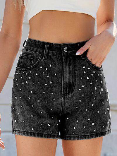 Rhinestone Washed High Waist Denim Shorts for Women - Selvanelle