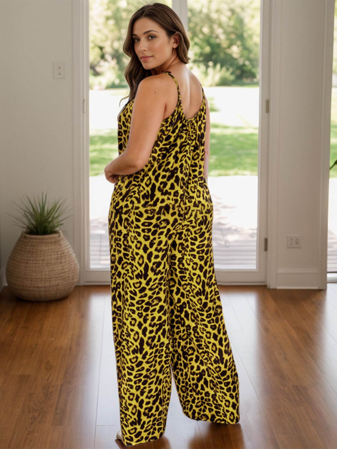 Full Size Leopard Scoop Neck Wide Leg Jumpsuit - Selvanelle