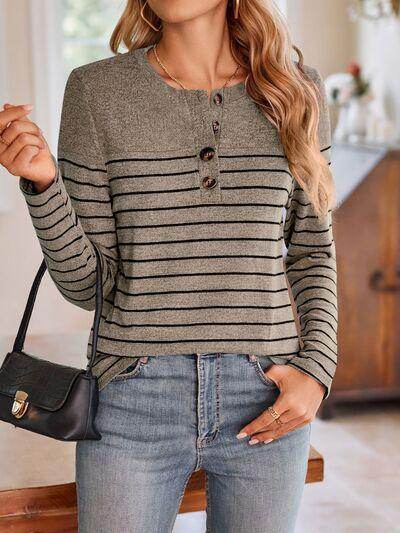 Lovelet Quarter Button Striped Round Neck Long Sleeve T-Shirt - Selvanelle