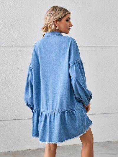 Button Up Pocketed Raw Hem Denim Dress for Women - Selvanelle