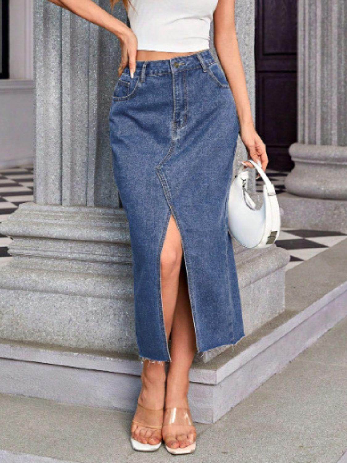 Slit Midi Denim Skirt with Pockets for Women Fashion - Selvanelle