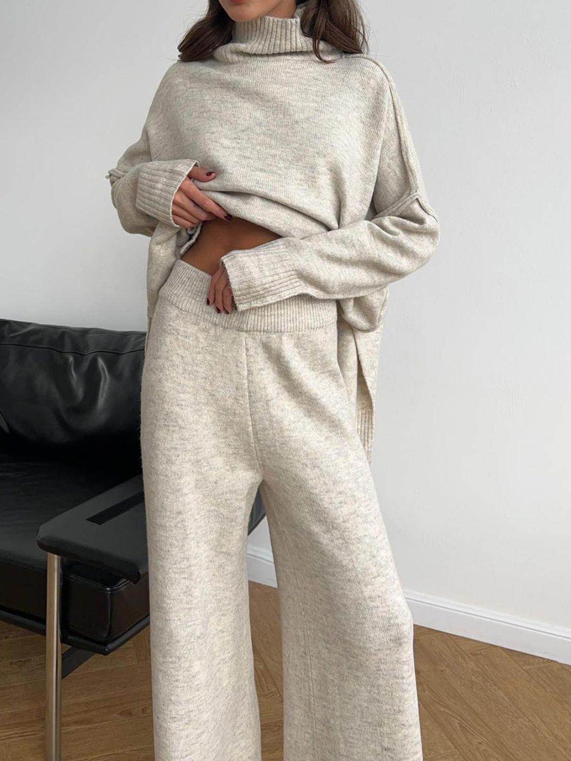 Slit Turtleneck Long Sleeve Top and Pants Sweater Set Outfit - Selvanelle