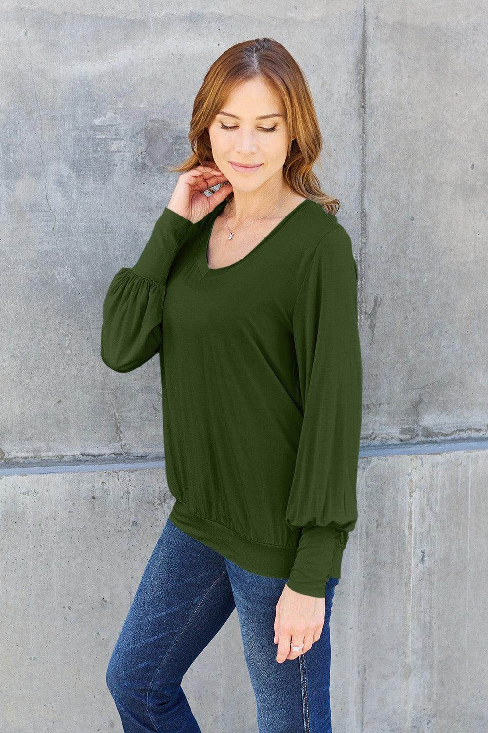 Basic Bae Full Size V-Neck Lantern Sleeve Top for Women - Selvanelle