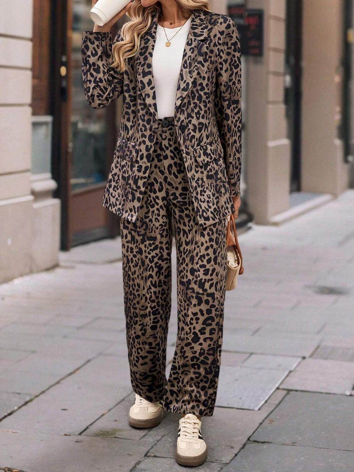 Full Size Leopard Lapel Collar Blazer and Pants Set - Selvanelle