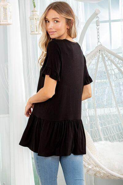 Heimish Full Size Ruffled V-Neck Short Sleeve Blouse Plus Size - Selvanelle
