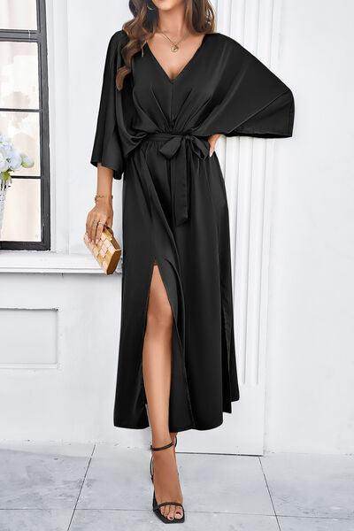 Devine Slit Tied V-Neck Three-Quarter Sleeve Dress for Women - Selvanelle