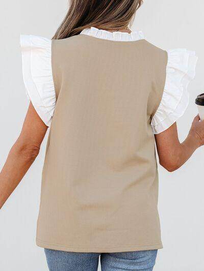 Ruffled Notched Cap Sleeve Top for Women in Various Sizes - Selvanelle