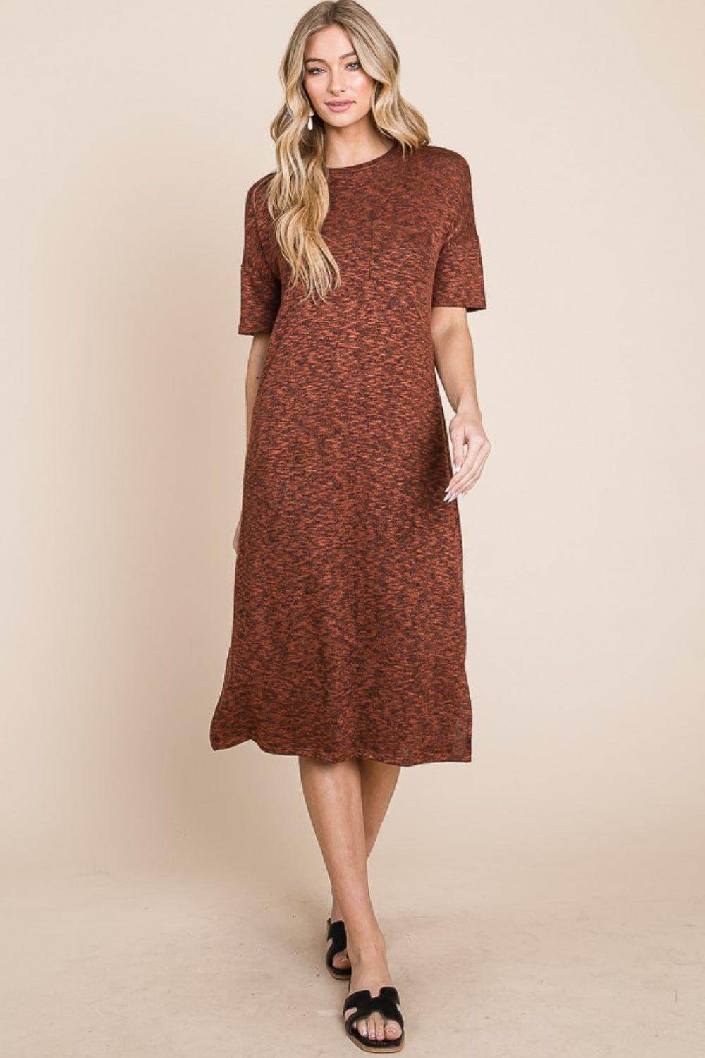BOMBOM Round Neck Side Slit Midi Dress for Casual Elegance - Selvanelle