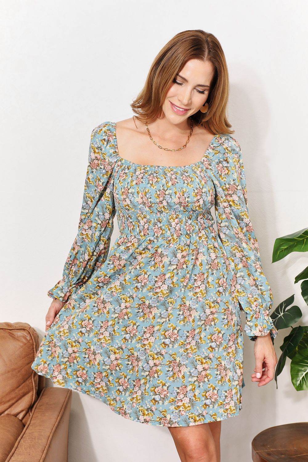Honey Floral Smocked Flounce Sleeve Square Neck Dress - Selvanelle