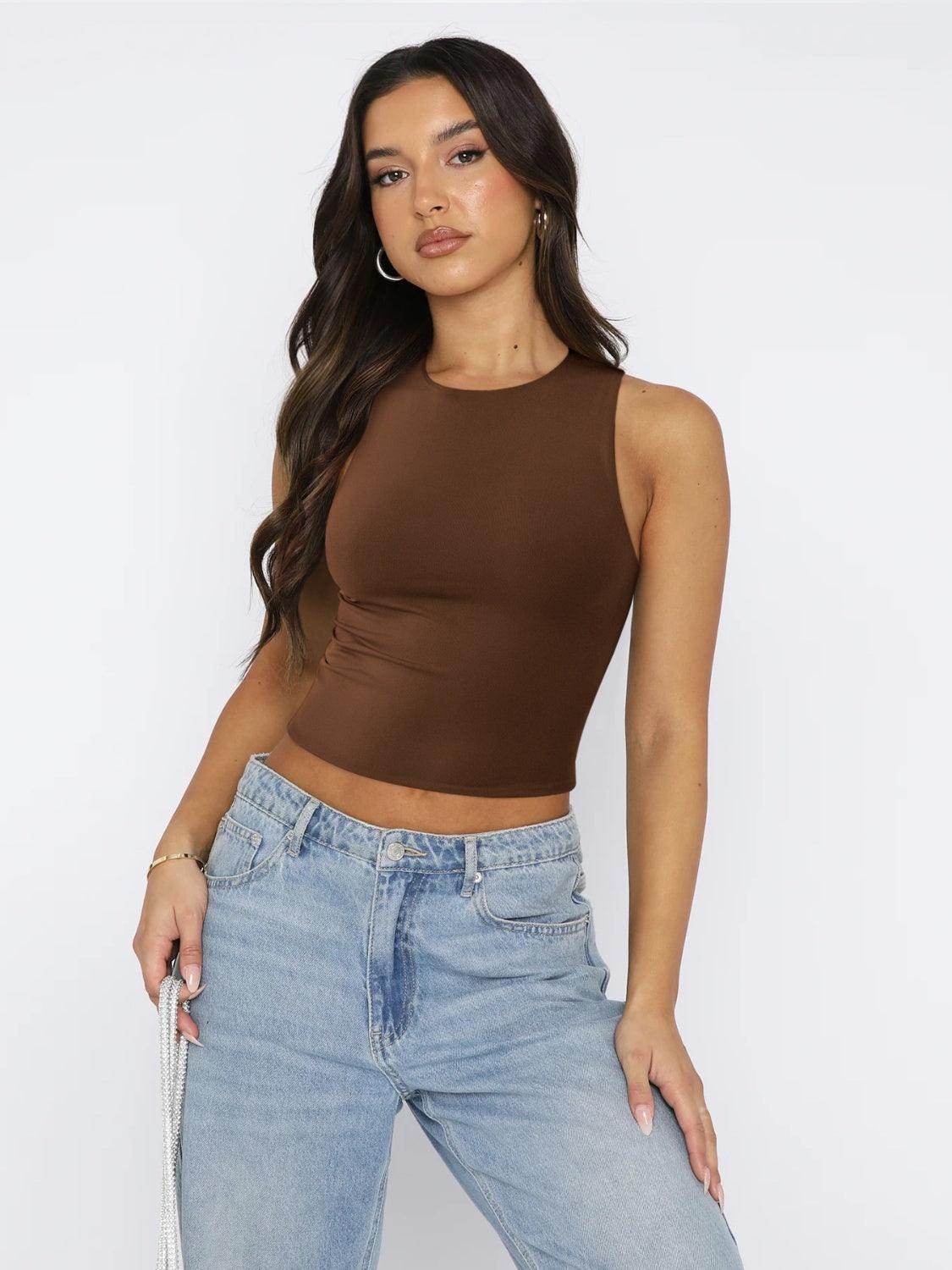 Round Neck Cropped Tank for Women in Soft Stretch Fabric - Selvanelle