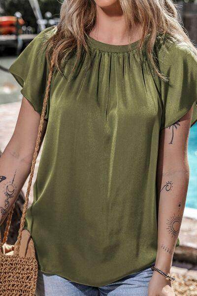 Pleated Flutter Sleeve Satin Top for Effortless Style - Selvanelle