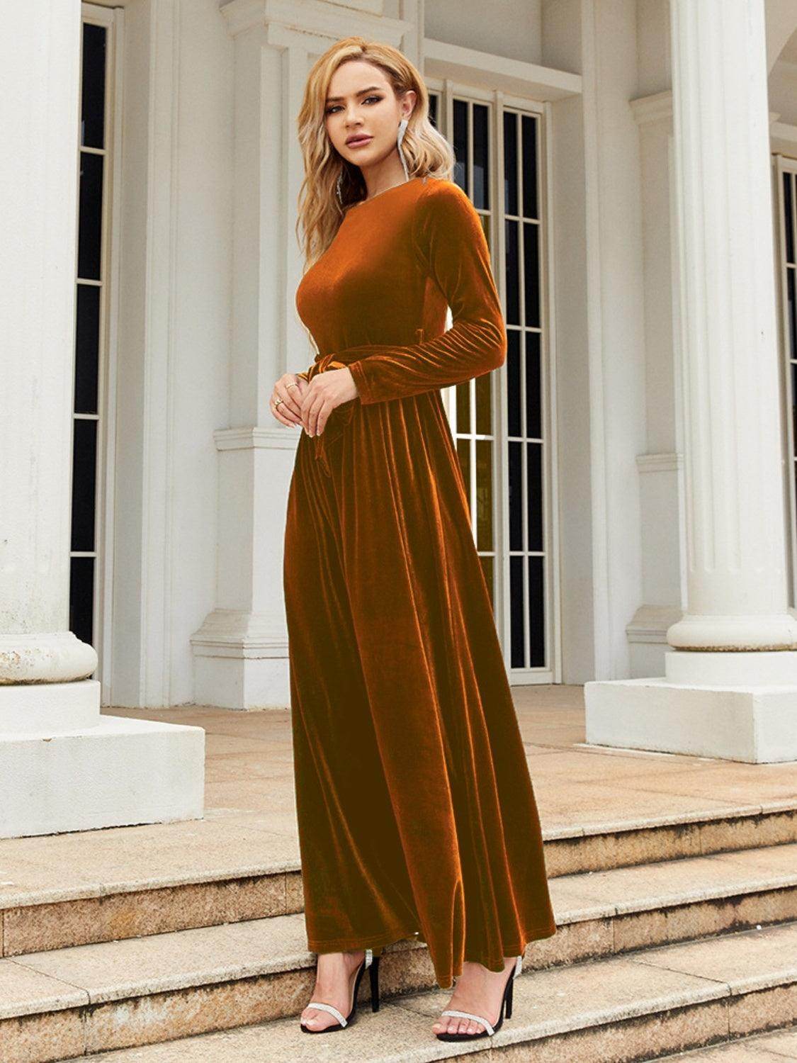 Tie Front Round Neck Long Sleeve Maxi Dress for Women - Selvanelle