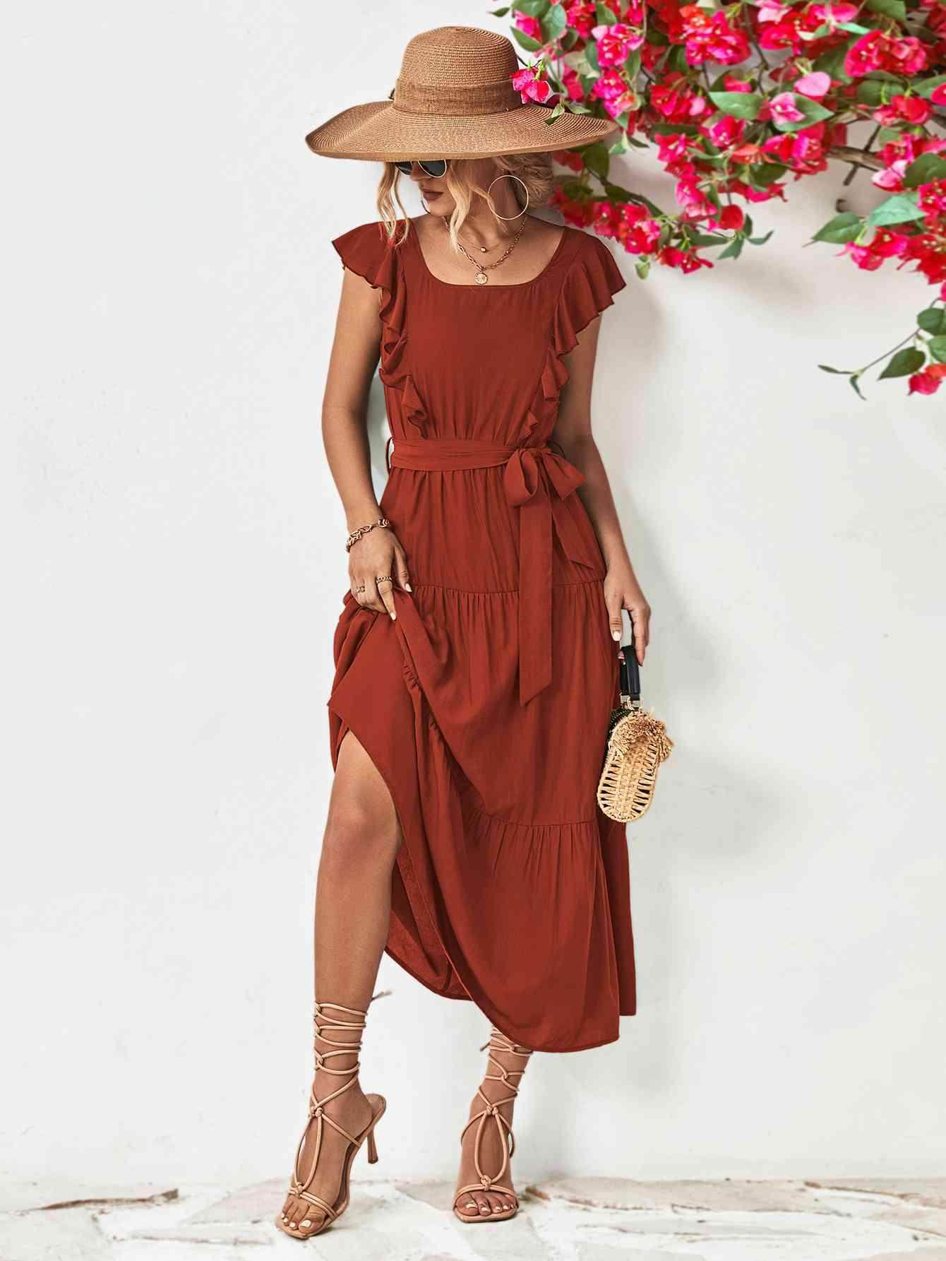 Tie Belt Ruffled Tiered Dress for Chic Midi Style - Selvanelle