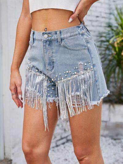 Distressed Pearl Trim Denim Shorts with Pockets for Women - Selvanelle