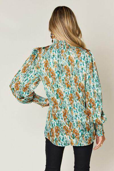 Double Take Full Size Printed Smocked Long Sleeve Blouse - Selvanelle
