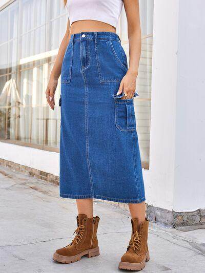 Slit Midi Denim Skirt with Pockets for Stylish Comfort - Selvanelle