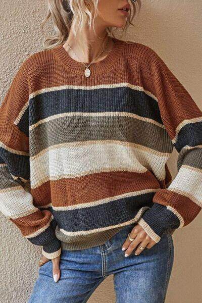 Contrast Striped Round Neck Long Sleeve Sweater for Women - Selvanelle
