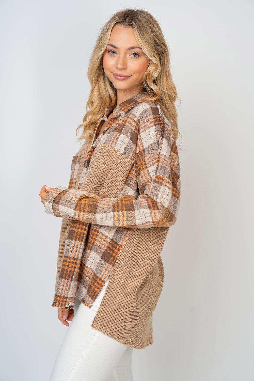 White Birch Full Size Contrast Plaid Button Down Shirt - Selvanelle