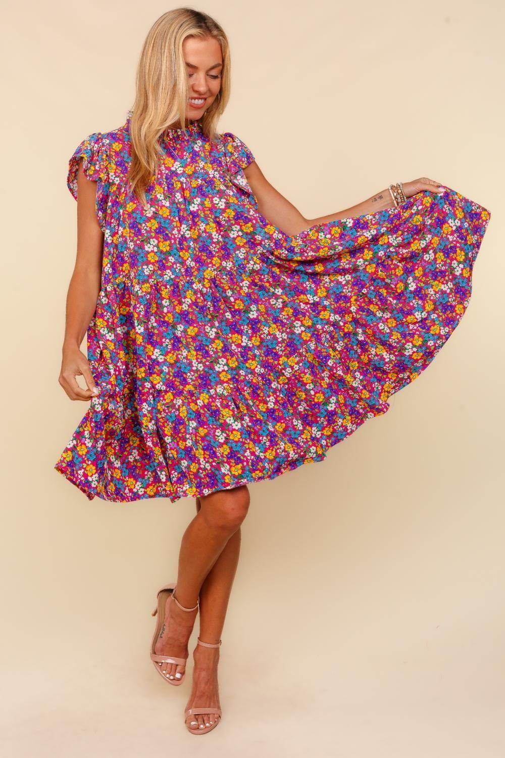 Haptics Frilled Mock Neck Ditsy Floral Dress for Women - Selvanelle