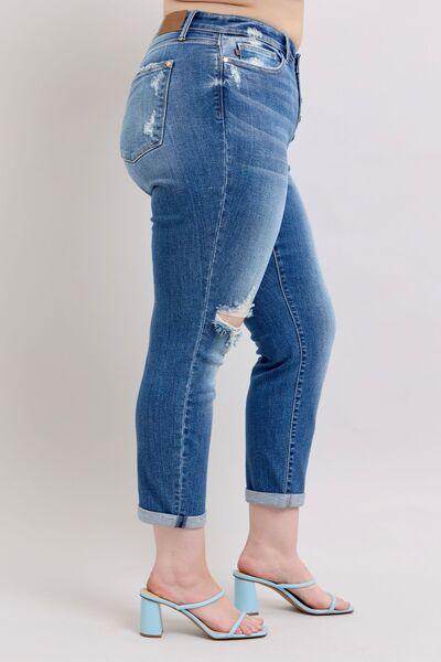 Judy Blue Full Size Button Fly Distressed Jeans Plus Size - Selvanelle