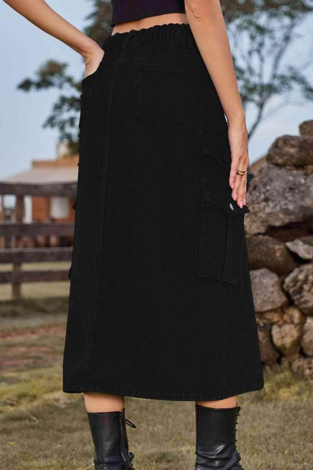 Slit Front Midi Denim Skirt with Pockets for Women - Selvanelle