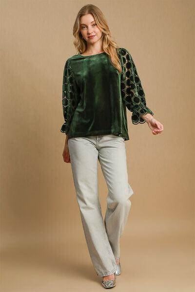 Umgee Polka Dot Lace Long Sleeve Round Neck Blouse Women - Selvanelle