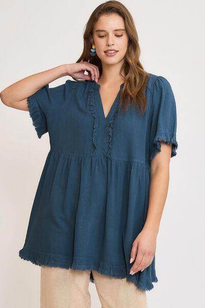 Umgee Full Size Raw Hem Notched Babydoll Linen Blouse Plus Size - Selvanelle