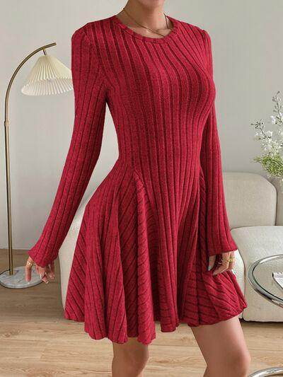 Ribbed Round Neck Long Sleeve Dress for Everyday Style - Selvanelle