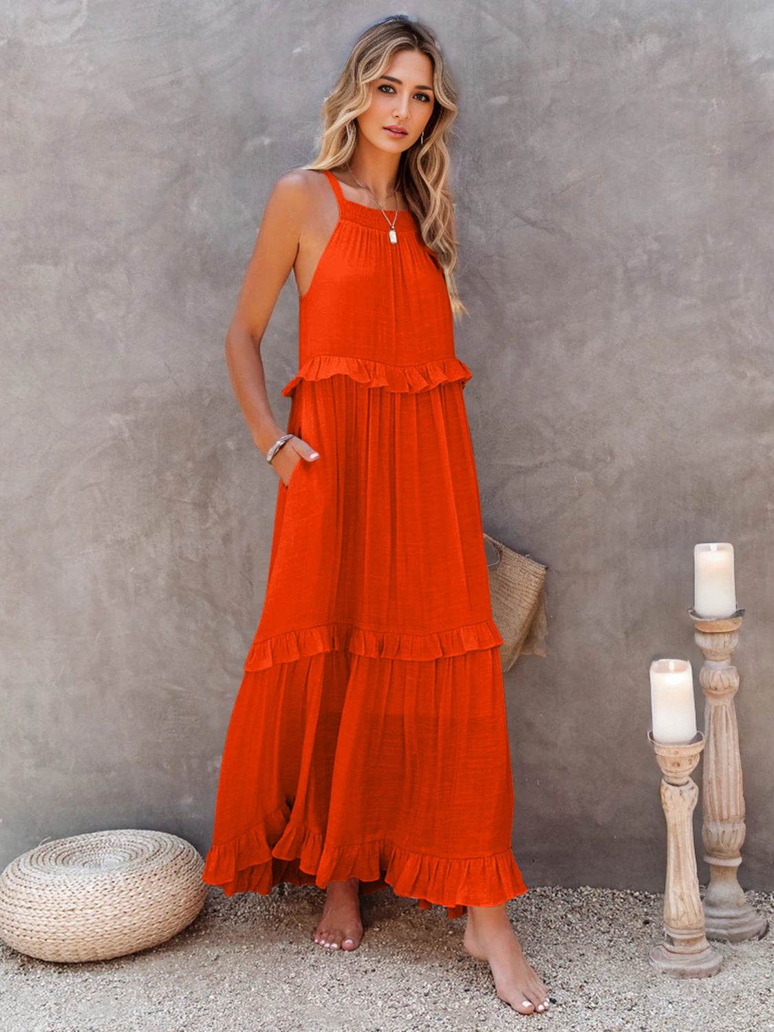 Ruffled Sleeveless Tiered Maxi Dress with Pockets - Selvanelle