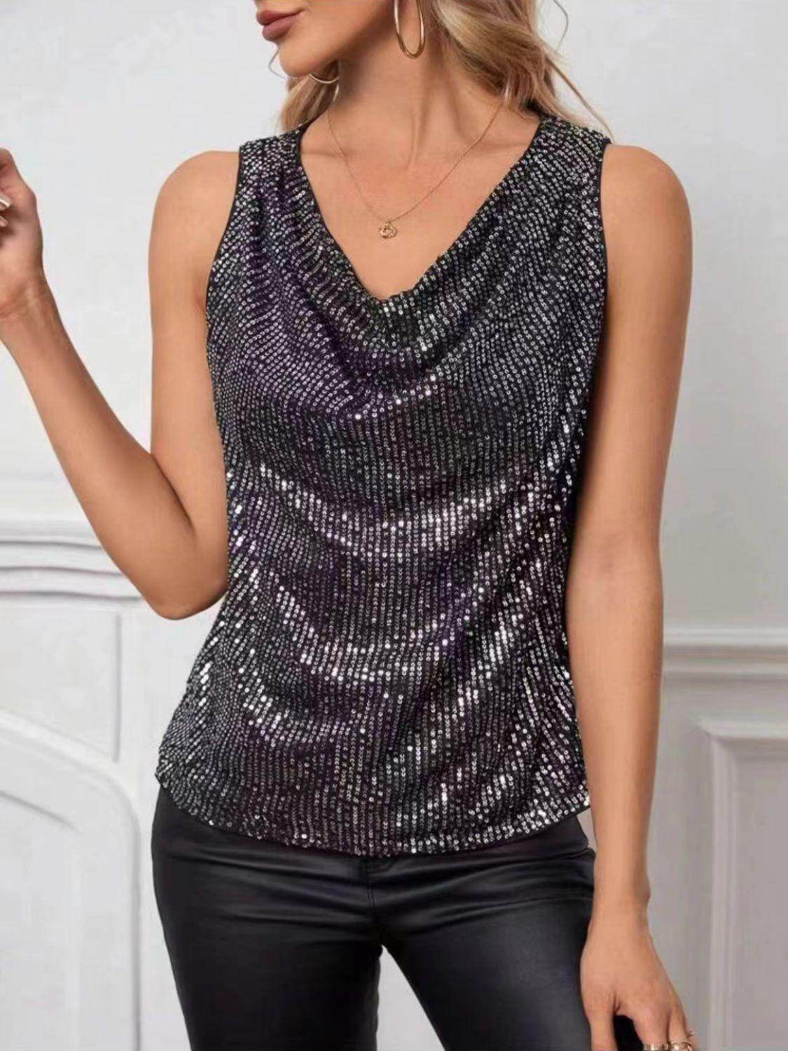 Sequin Cowl Neck Tank Top for Stylish Evening Wear - Selvanelle