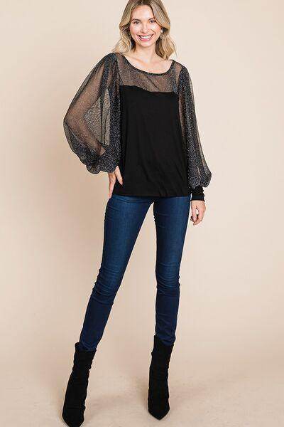 Super Lady Full Size Metallic Mesh Lantern Sleeve Blouse - Selvanelle
