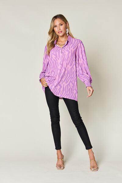 Double Take Full Size Printed Smocked Long Sleeve Blouse - Selvanelle