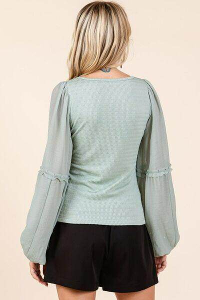 Mittoshop Mixed Media Textured Knit Chiffon Long Sleeve Top - Selvanelle