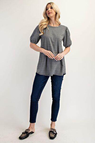 Celeste Full Size Gingham Print Top With Puff Sleeves Plus Size - Selvanelle