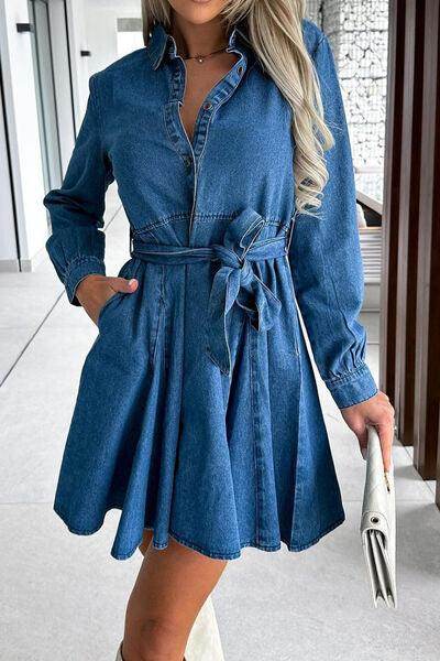 Tied Half Button Long Sleeve Denim Dress for Women - Selvanelle