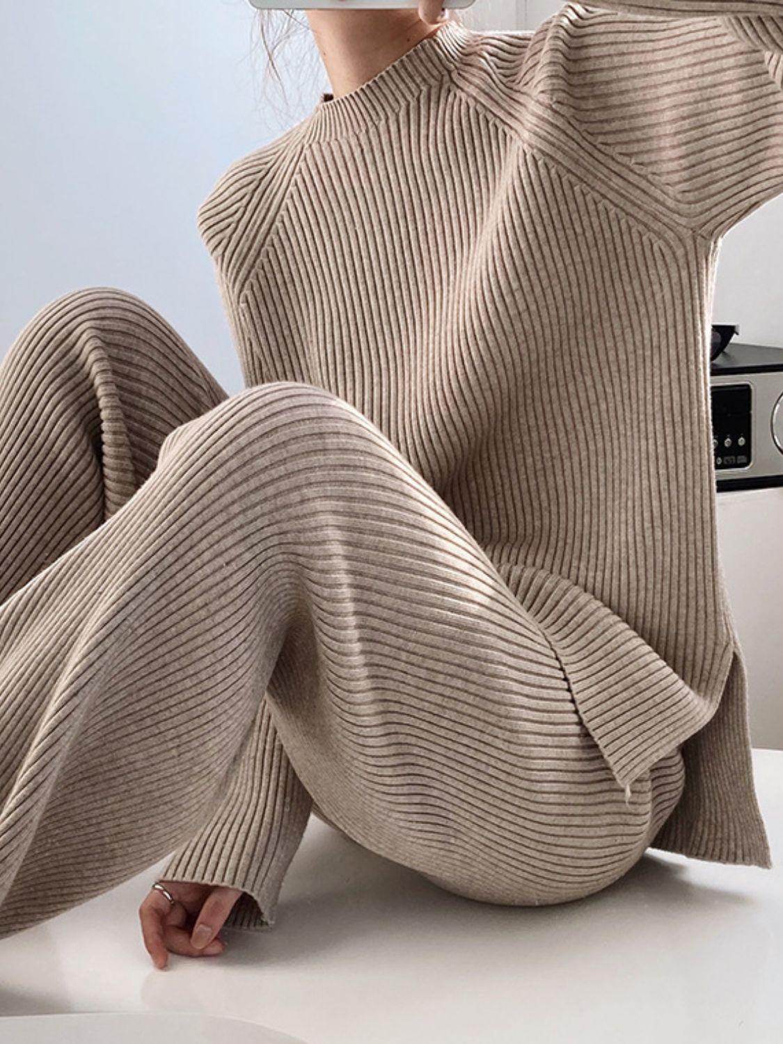 Mock Neck Raglan Sleeve Top and Pants Sweater Set for Women - Selvanelle