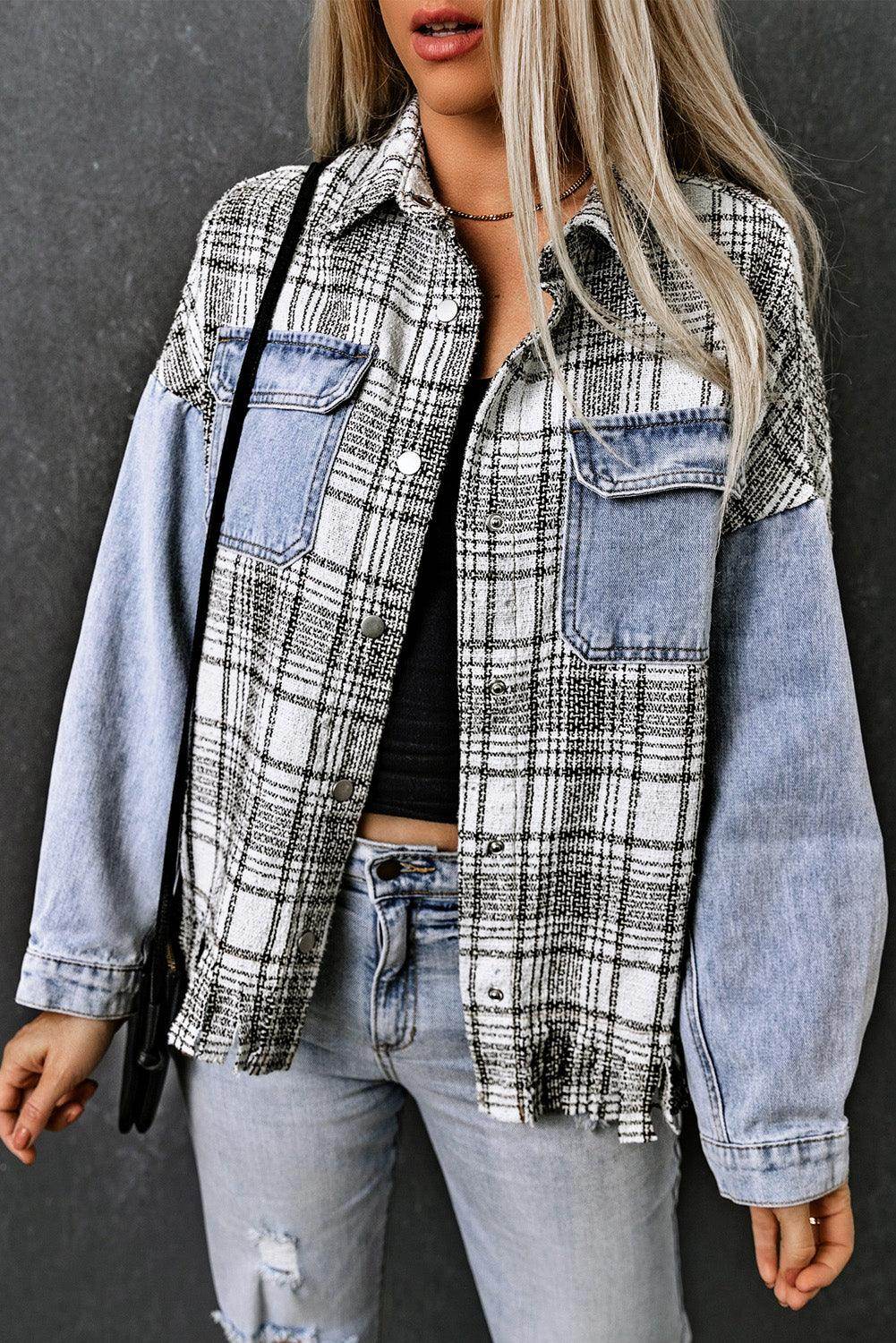 Plaid Pocketed Snap Down Denim Jacket for Stylish Comfort - Selvanelle