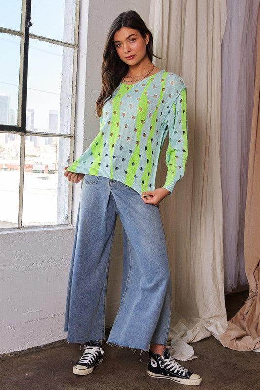 Davi & Dani Two-Tone Ribbed Hem Openwork Knit Top Style - Selvanelle