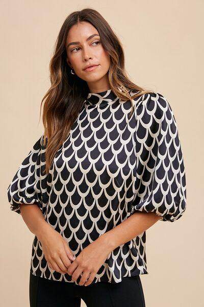 Annie Wear Tie Back Abstract Print Mock Neck Blouse - Selvanelle