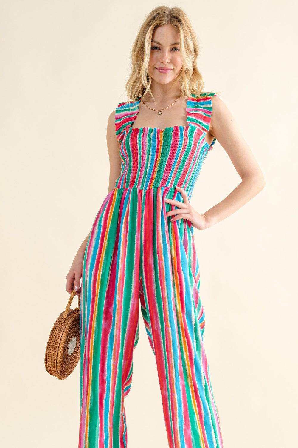 And The Why Full Size Striped Smocked Sleeveless Jumpsuit - Selvanelle