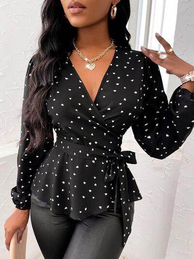 Heart Print Surplice Balloon Sleeve Blouse for Women - Selvanelle
