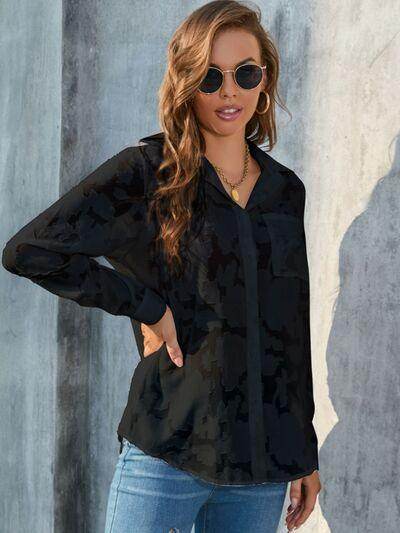 Full Size Collared Neck Long Sleeve Shirt Plus Size Women - Selvanelle