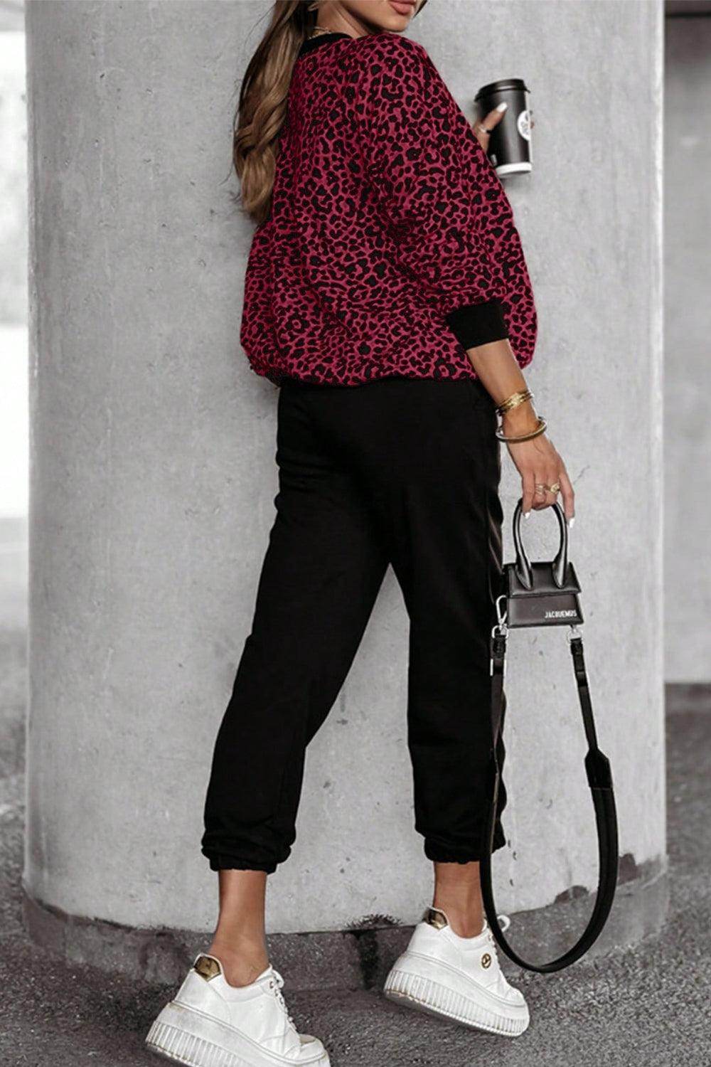 Letter M Leopard Round Neck Top and Pants Set for Women - Selvanelle