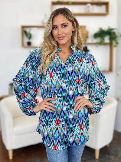 Double Take Full Size Printed Balloon Sleeve Blouse for Women - Selvanelle