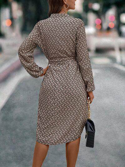 Tied Printed Notched Balloon Sleeve Dress for Women - Selvanelle