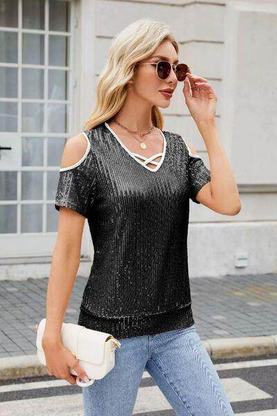 Sequin Crisscross V-Neck Cold Shoulder Blouse for Women - Selvanelle